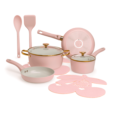 Paris Hilton 10-Piece Ceramic Nonstick Cookware Set, Cast Aluminum, Clean Ceramic Nonstick Coating, Dishwasher Safe, Pink