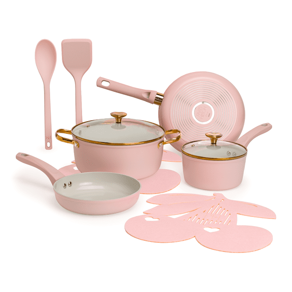 Paris Hilton 10-Piece Ceramic Nonstick Cookware Set, Cast Aluminum, Clean Ceramic Nonstick Coating, Dishwasher Safe, Pink