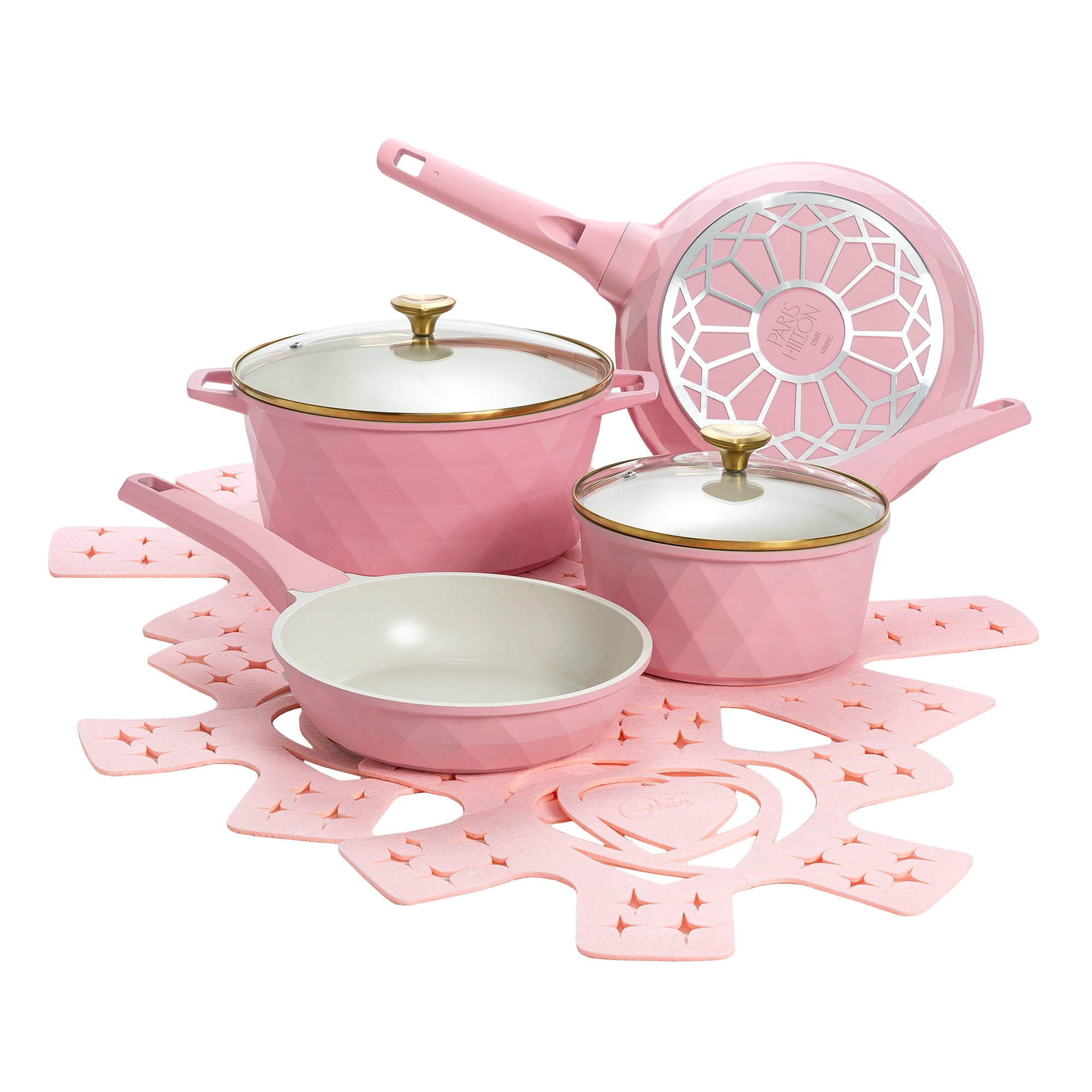 Paris Hilton 10-Piece Ceramic Nonstick Cast Aluminum Cookware Set, Clean Ceramic Coating, Faceted Pink Design