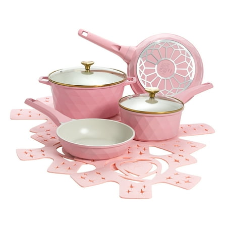 Paris Hilton 10-Piece Ceramic Nonstick Cast Aluminum Cookware Set, Clean Ceramic™ Coating, Faceted Pink Design