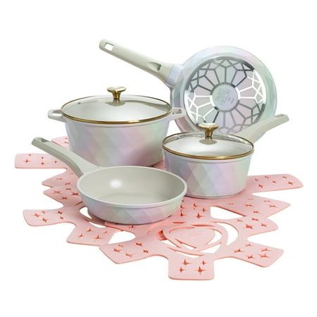 Paris Hilton 10-Piece Ceramic Nonstick Cookware Set with Pots & Pans, Clean Ceramic™ Coating, White Iridescent Finish