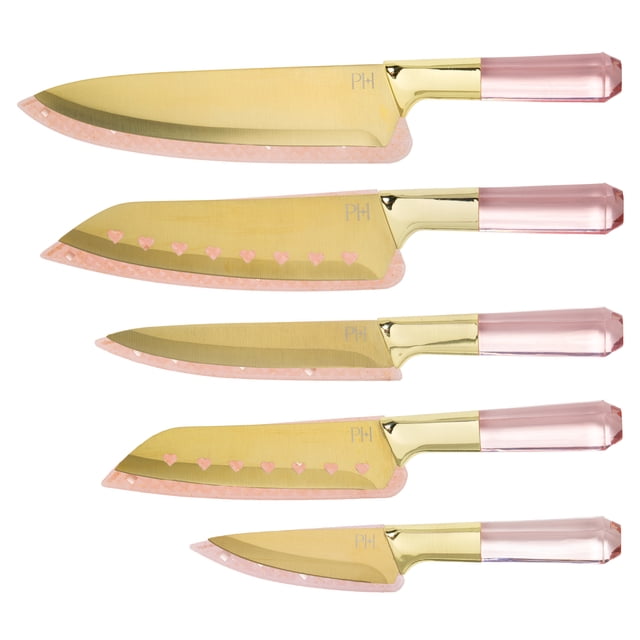 Paris Hilton 10-Piece Cutlery Set with 5- Knives and 5- Blade Guards, Gold Titanium-Coated Stainless Steel Blades, Pink Jewel-Shaped Handles