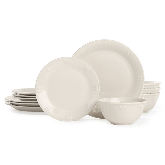 Paris Hilton London Collection 12-Piece Stoneware Dinnerware Set, Plates & Bowls Dish Set, Service for 4, Microwave & Dishwasher Safe, White with Bow Design
