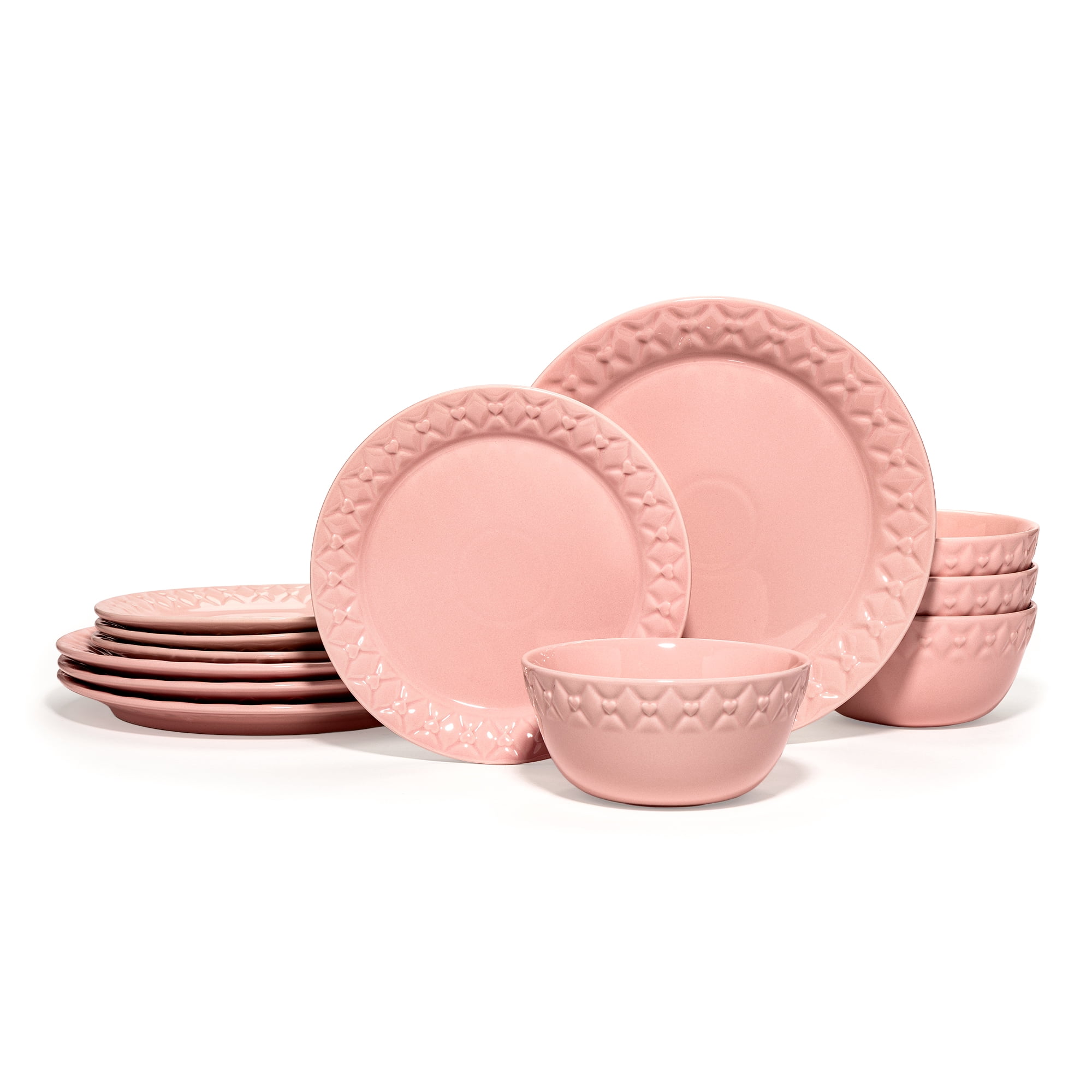 Paris Hilton Etoile Collection 12-Piece Stoneware Dinnerware Set, Plates & Bowls Dish Set, Service for 4, Microwave & Dishwasher Safe, Pink