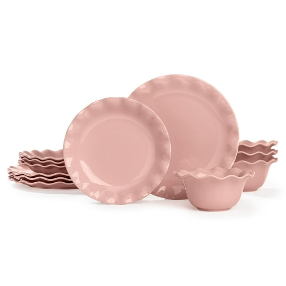 Paris Hilton Heiress Collection 12-Piece Dinnerware Set, Scalloped Ruffle Rim, Durable Stoneware, Microwave & Dishwasher Safe, Rose Pink