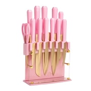 Paris Hilton 13-Piece Knife Block Set with Acrylic Shield, Gold Titanium-Coated Stainless Steel Blades, Pink Faceted Handles