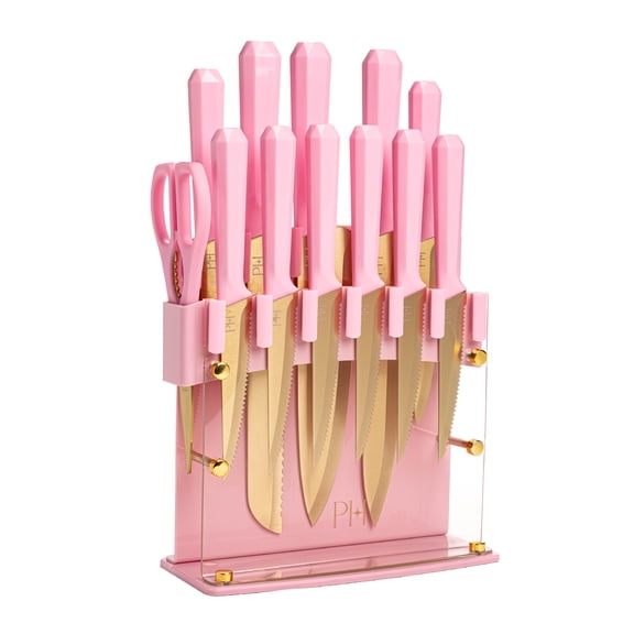 Paris Hilton 13-Piece Knife Block Set with Acrylic Shield, Gold Titanium-Coated Stainless Steel Blades, Pink Faceted Handles