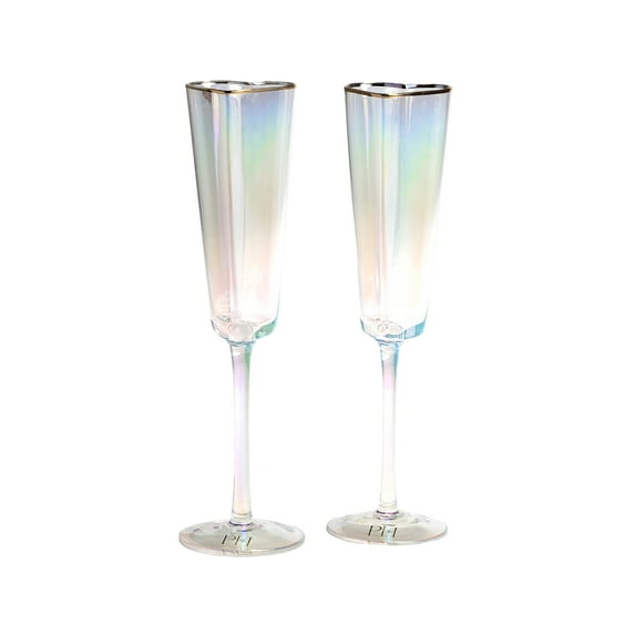 Paris Hilton 2 Piece Heart-Shaped Champagne Flute Set, 5.5 oz / 162 ml, Gold Trim, Iridescent