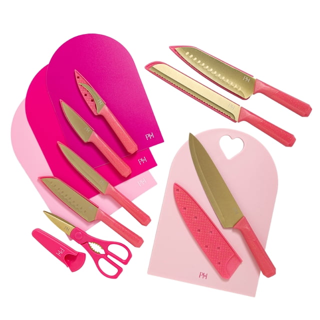 Paris Hilton 20-Piece Cutlery Set, High-Carbon Stainless Steel Blades, Faceted Glitter Handles, Blade Guards & Cutting Mats, Pink