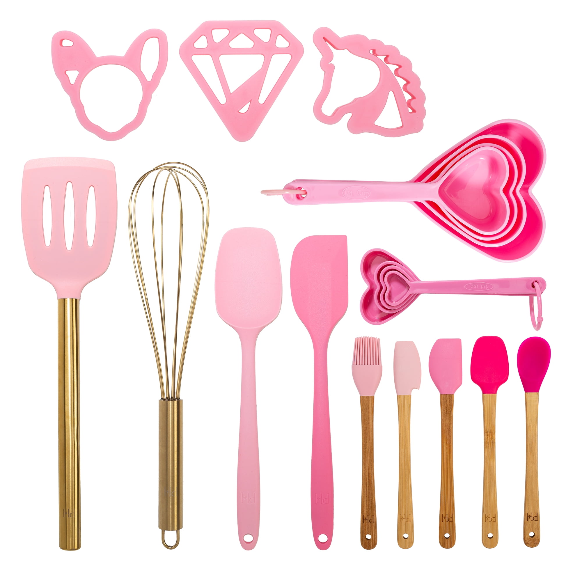 Paris Hilton Stainless Steel Pots and Pans Set with Stay-Cool Pink Handles,  Tempered Glass Lids, Bonus Heart Shaped Measuring Cups and Spoons