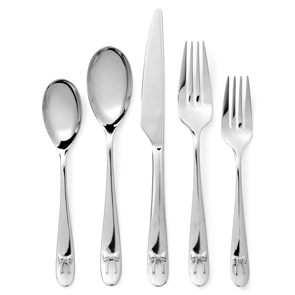 Paris Hilton 20-Piece Stainless Steel Flatware Set, Service for 4, Dinner Forks, Salad Forks, Dinner Knives, Teaspoons & Dinner Spoons, Silver with Bow Detail