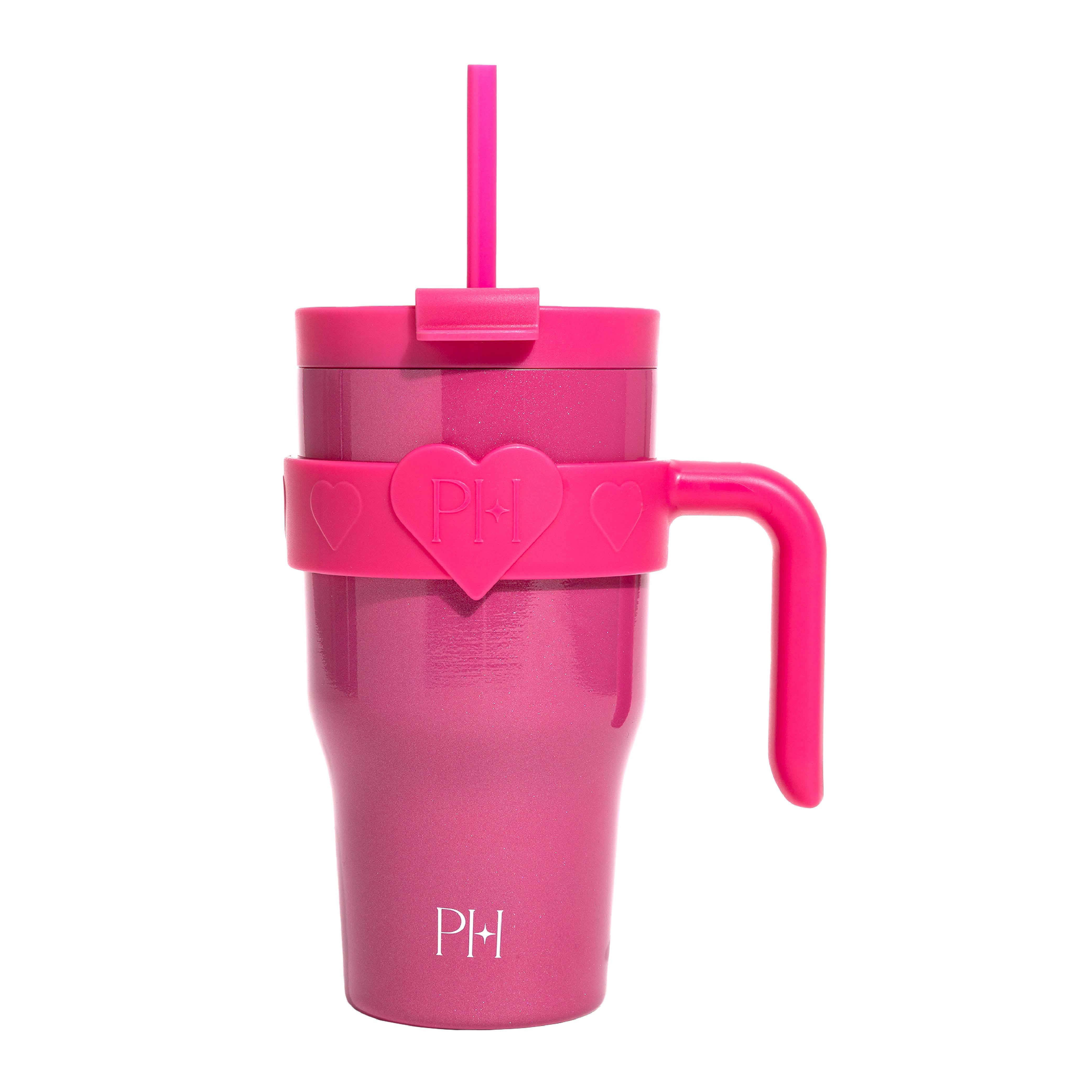 Paris Hilton 20 oz Double-Wall Insulated Tumbler, Hot Pink, Includes 2-in-1 Lid & Removable Heart-Detail Handle