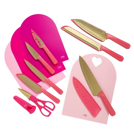 Paris Hilton 20-Piece Cutlery Set, High-Carbon Stainless Steel Blades, Faceted Glitter Handles, Blade Guards & Cutting Mats, Pink