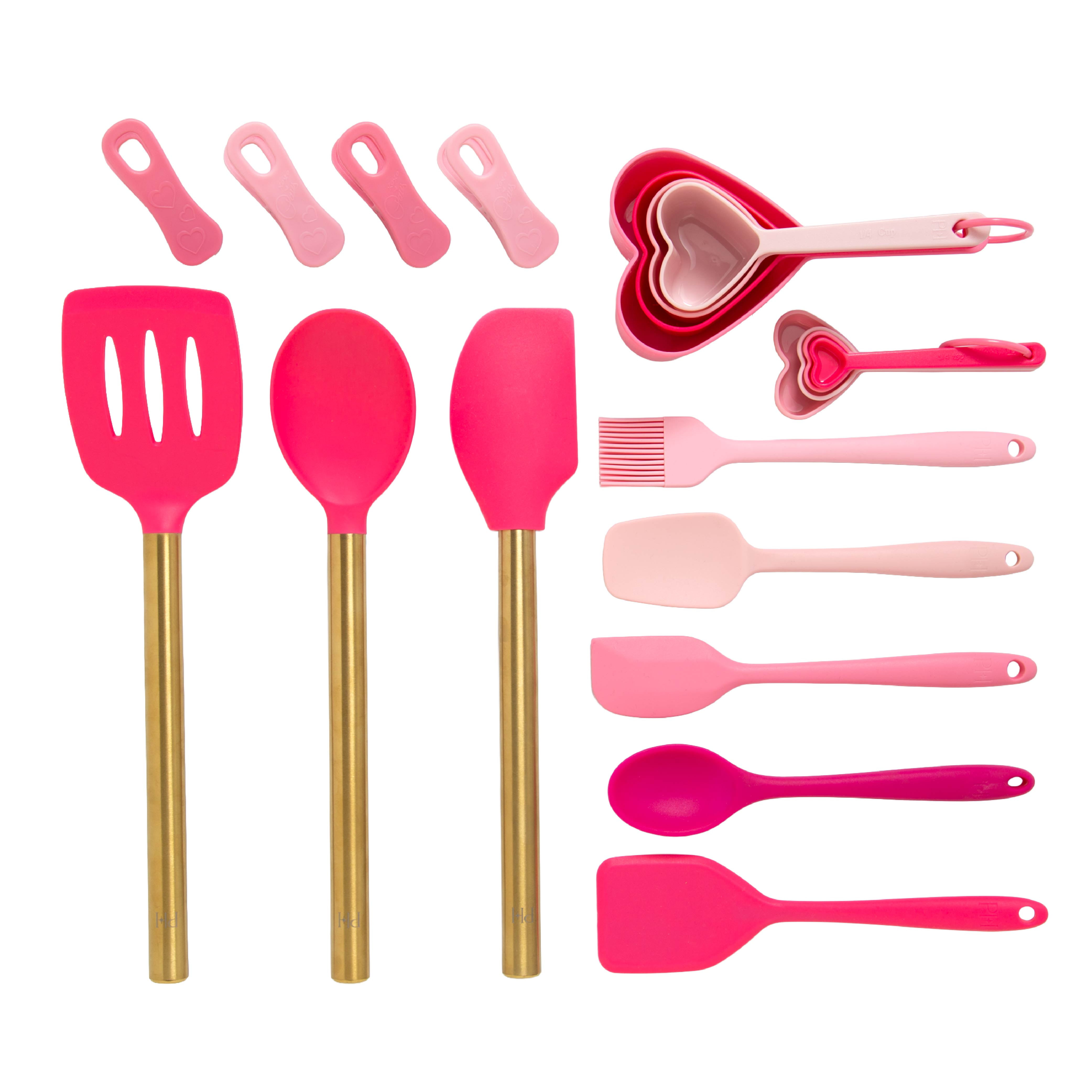 Paris Hilton 20-Piece Kitchen Gadget Set, Heart-Shaped Measuring Cups & Spoons, Silicone Tools & Bag Clips, Dishwasher Safe, Pink