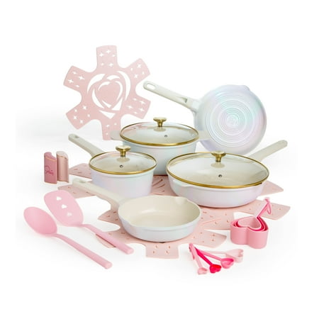 Paris Hilton 24 Piece Clean Ceramic Cookware Set, White Rainbow Iridescent
