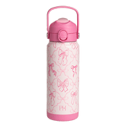 Paris Hilton 24-Ounce Double Wall Vacuum Insulated Stainless Steel Bottle with Flip-Up Straw and Push Lid, Bow Print, Pink