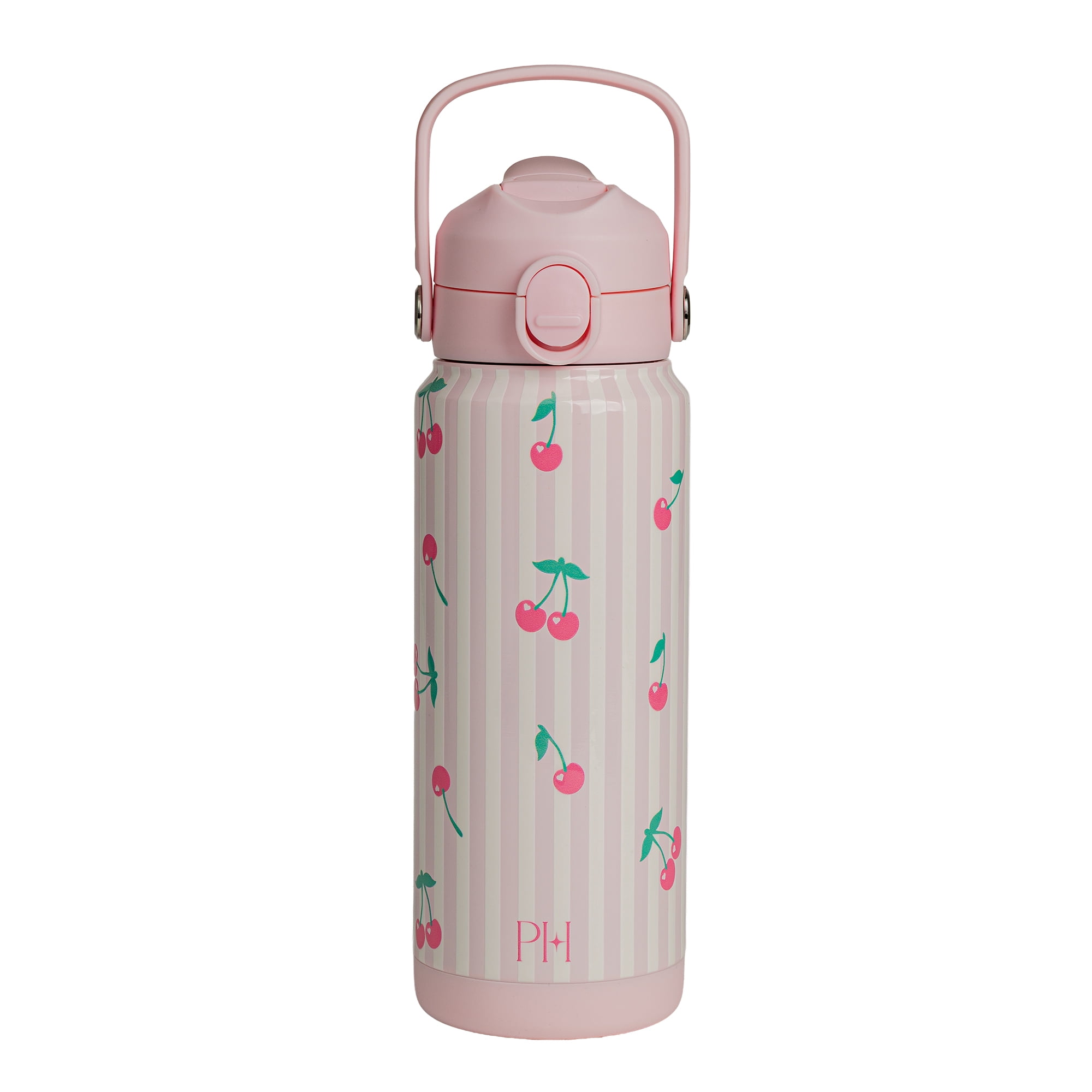 Paris Hilton 24-Ounce Double Wall Insulated Bottle with 2-in-1 Lid, Folding Carry Handle, and Locking Tab, Cherry Design, Pink