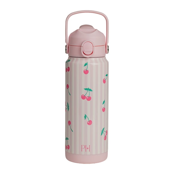 Paris Hilton 24-Ounce Double Wall Insulated Bottle with 2-in-1 Lid, Folding Carry Handle, and Locking Tab, Cherry Design, Pink