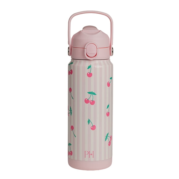 Paris Hilton 24-Ounce Double Wall Insulated Bottle with 2-in-1 Lid, Folding Carry Handle, and Locking Tab, Cherry Design, Pink