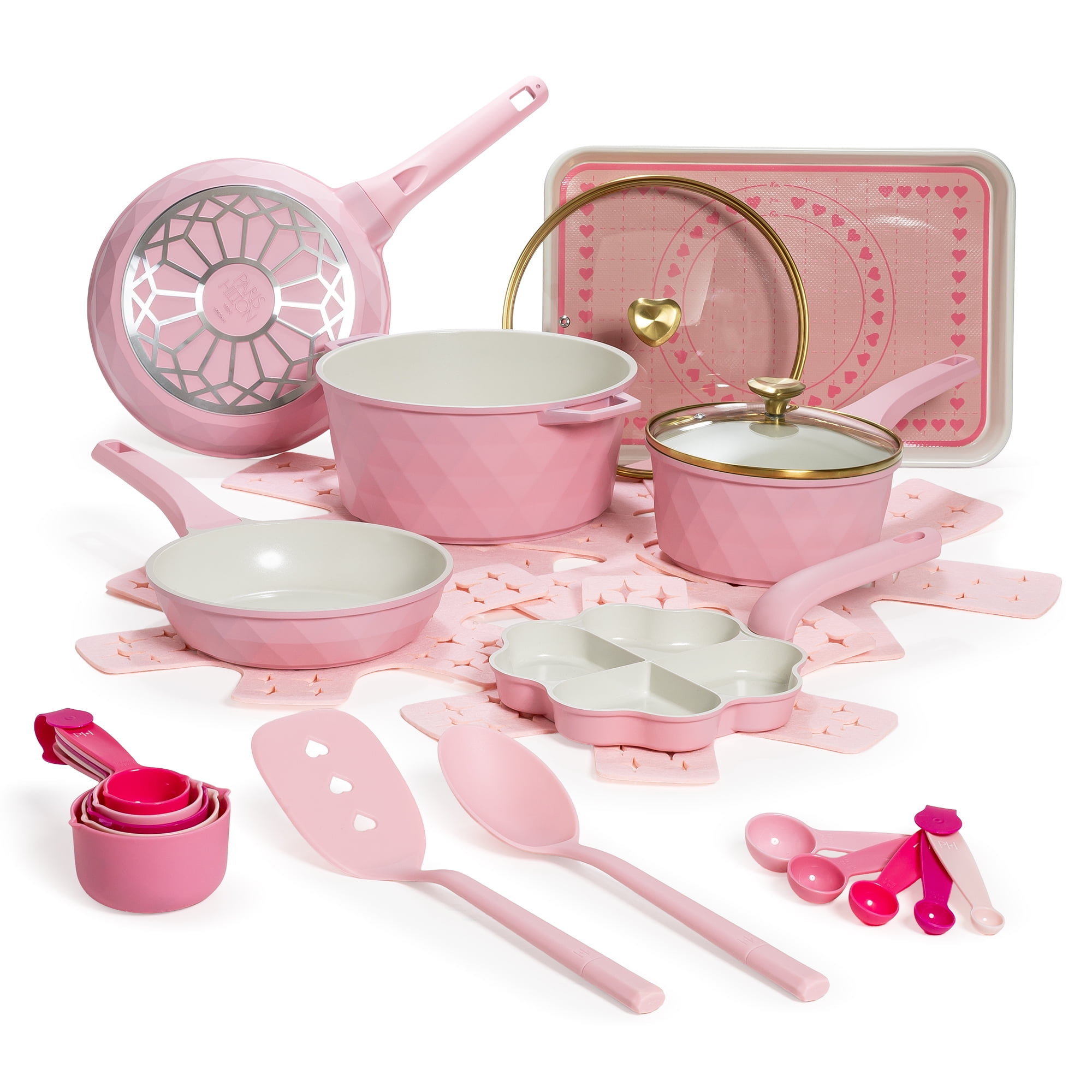 Walmart promo code:  Paris Hilton 25-Piece Diamond-Faceted Cookware & Bakeware Set, Ceramic Nonstick Cast Aluminum, Pink