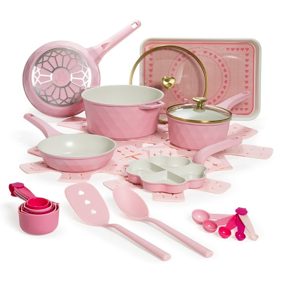 Paris Hilton 25-Piece Ceramic Nonstick Cookware & Bakeware Set with Pots & Pans, Diamond-Faceted Design, Pink