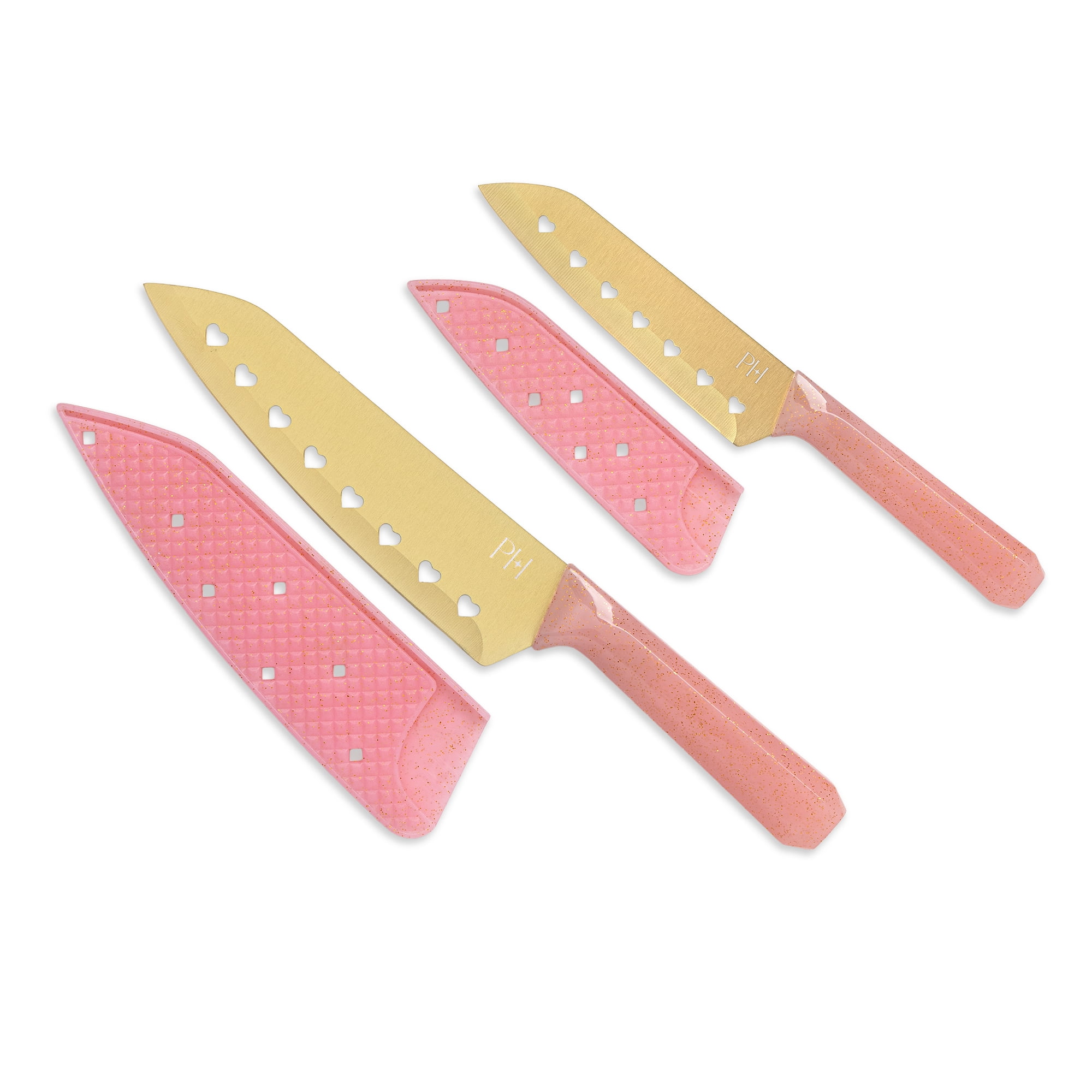 Paris Hilton 2-Piece Santoku Knife Set, Titanium-Coated Stainless Steel Blades with Heart Cut-Outs, Pink Jewel-Faceted Handles