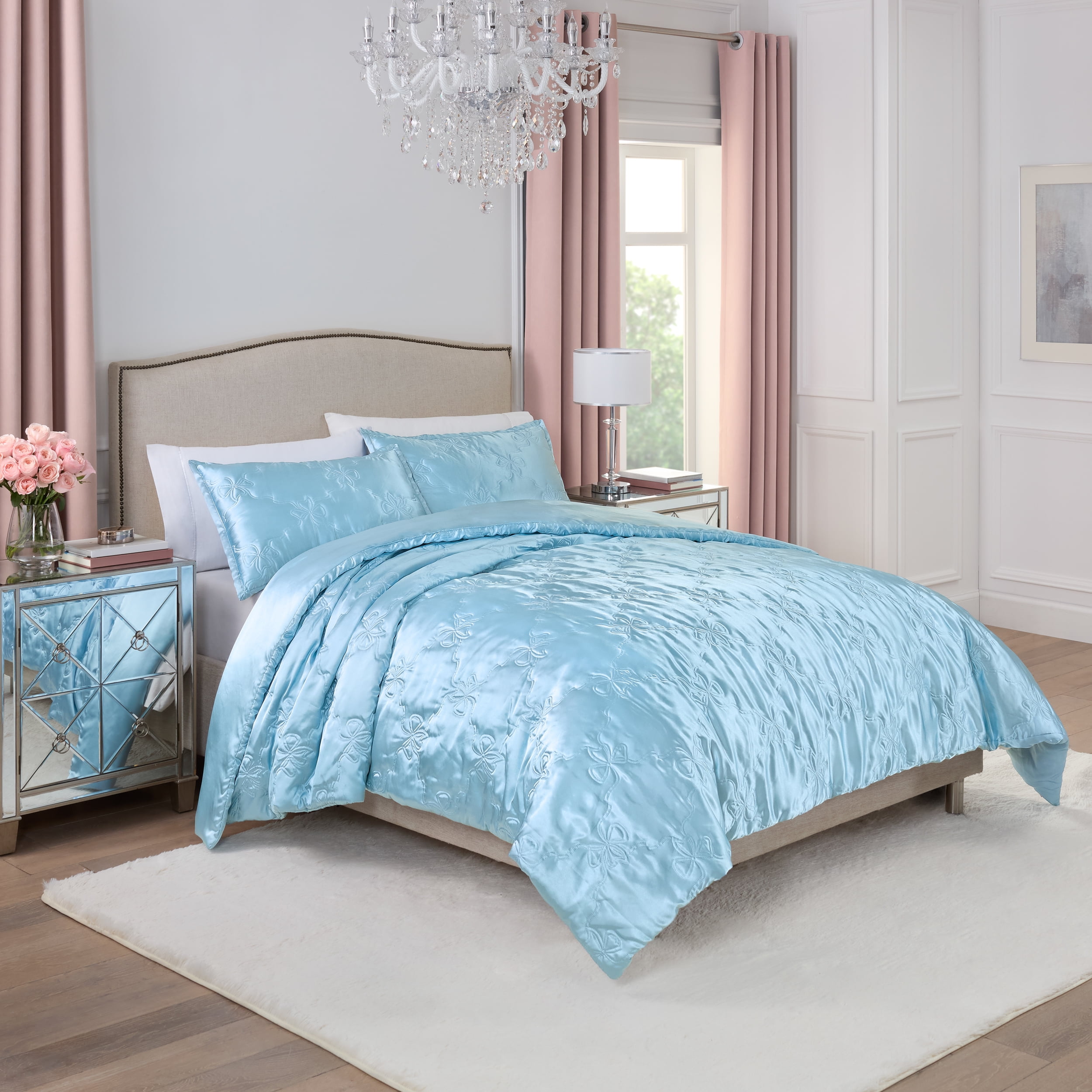 LEDイルミパック パステルブルー Paris Hilton 3-Piece Cordelia Satin Blue Comforter Set, Full/Queen