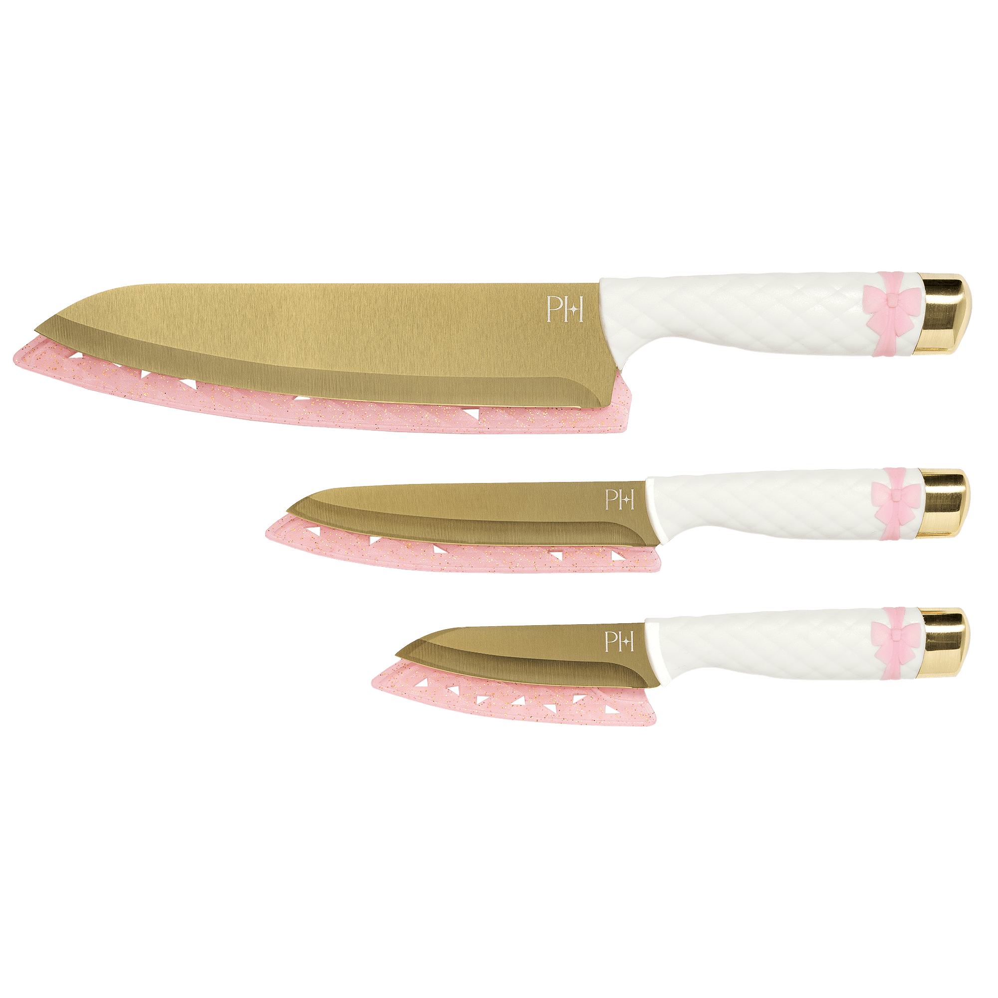 Paris Hilton 3-Piece Cutlery Set, High-Carbon Stainless Steel Blades, Matching Blade Guards, Soft-Touch Handles, White