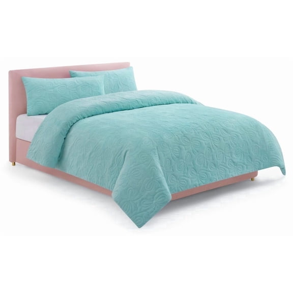 Paris Hilton Bows 3 Piece Comforter Set with 2 Shams, King, Blue Microfiber