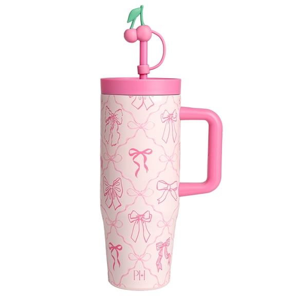 Paris Hilton 32-Ounce Double Wall Stainless Steel Insulated Tumbler with 2-in-1 Lid and Straw, Bows Design, Cherry Straw Topper, Pink