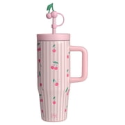 Paris Hilton 32-Ounce Double Wall Stainless Steel Insulated Tumbler with 2-in-1 Lid and Straw, Cherry Design, Cherry Straw Topper, Pink