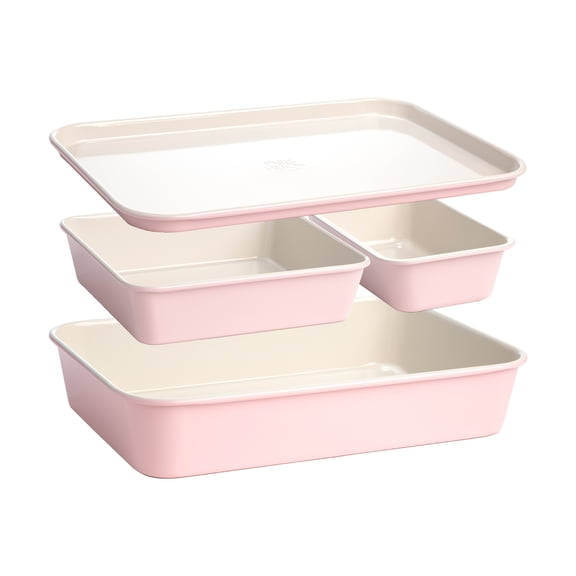 Open Box Paris Hilton 4-Piece Ceramic Nonstick Bakeware Set with Baking & Cookie Sheet, Cake & Loaf Pan, Pink