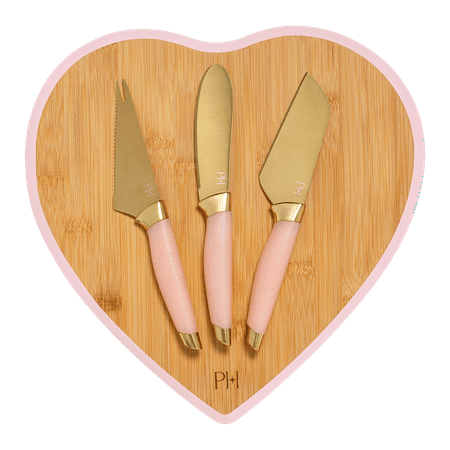 Paris Hilton 4-Piece Cheese Board Set with Large Heart-Shaped, Reversible Bamboo Cutting Board, Pink