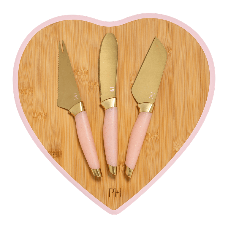 Paris Hilton 4-Piece Cheese Board Set with Large Heart-Shaped, Reversible  Bamboo Cutting Board, Pink