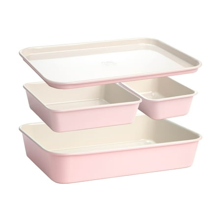 Paris Hilton 4-Piece Ceramic Nonstick Bakeware Set with Baking & Cookie Sheet, Cake & Loaf Pan, Pink