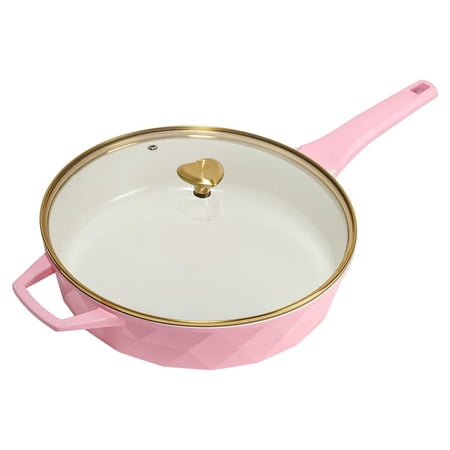 Paris Hilton 4 Quart Ceramic Nonstick Jumbo Cooking Pan Skillet for Sauteing & Frying with Heart Shaped Lid Knobs, Pink