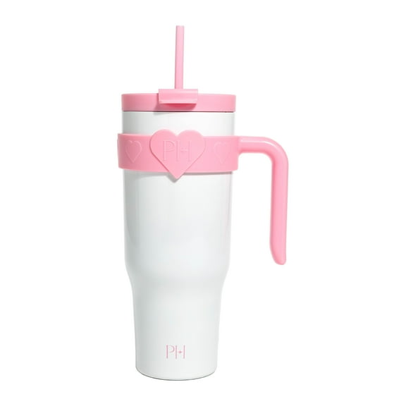 Paris Hilton 40 oz Double-Wall Insulated Tumbler, includes 2-in-1 Lid & removable Handle, White