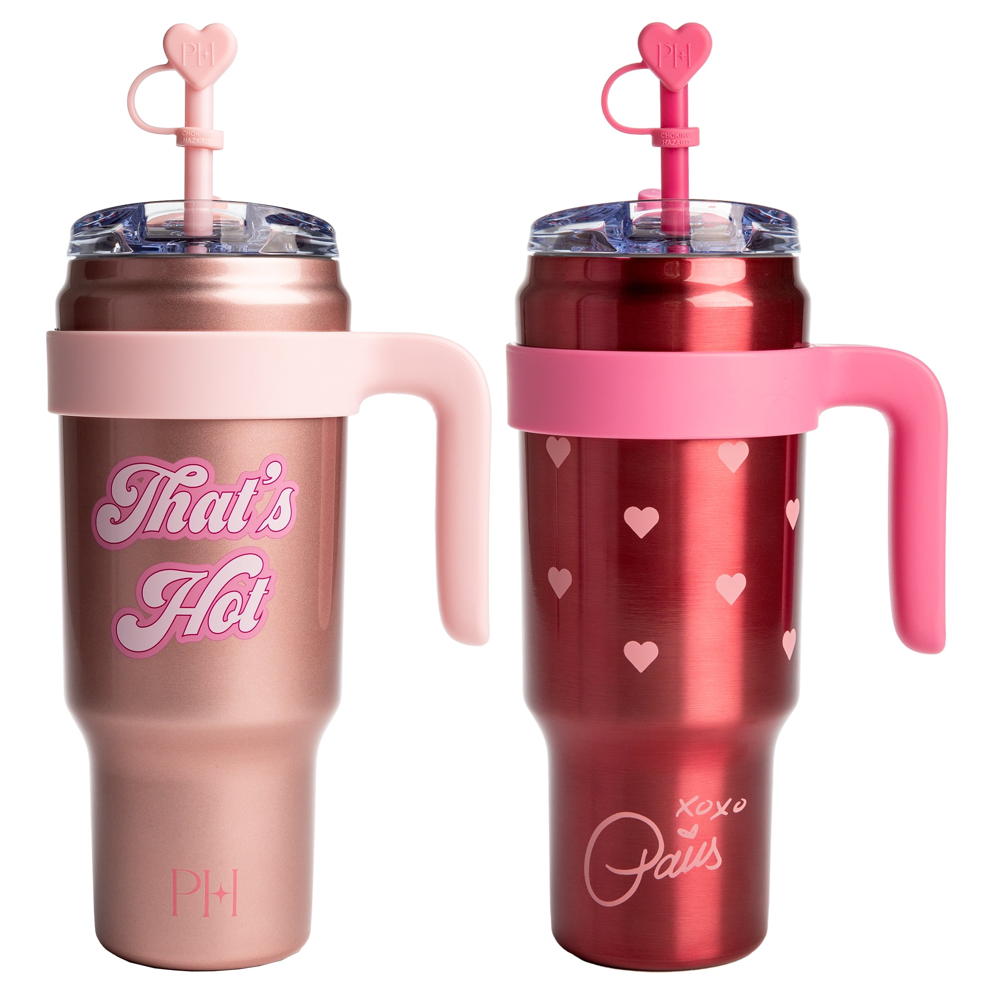 Paris Hilton 40oz Stainless Steel Tumbler Set, with Removable Handle, Straw, and Lid, 40 Ounce, Metallic Hearts and That's Hot, Pink