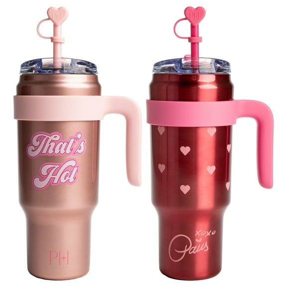 Paris Hilton 40oz Stainless Steel Tumbler Set, with Removable Handle, Straw, and Lid, 40 Ounce, Metallic Hearts and That's Hot, Pink