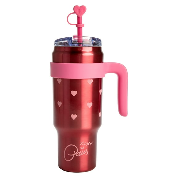 Paris Hilton 40oz Stainless Steel Tumbler with Removable Handle, Straw, and Lid, Pink with Hearts