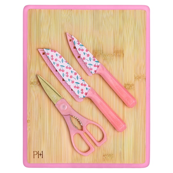Paris Hilton 6-Piece Cutlery Set with 11 x 14 Inch Dual-Sided Bamboo Cutting Board, Stainless Steel Blades with Cherry Design, Blade Guards, Pink