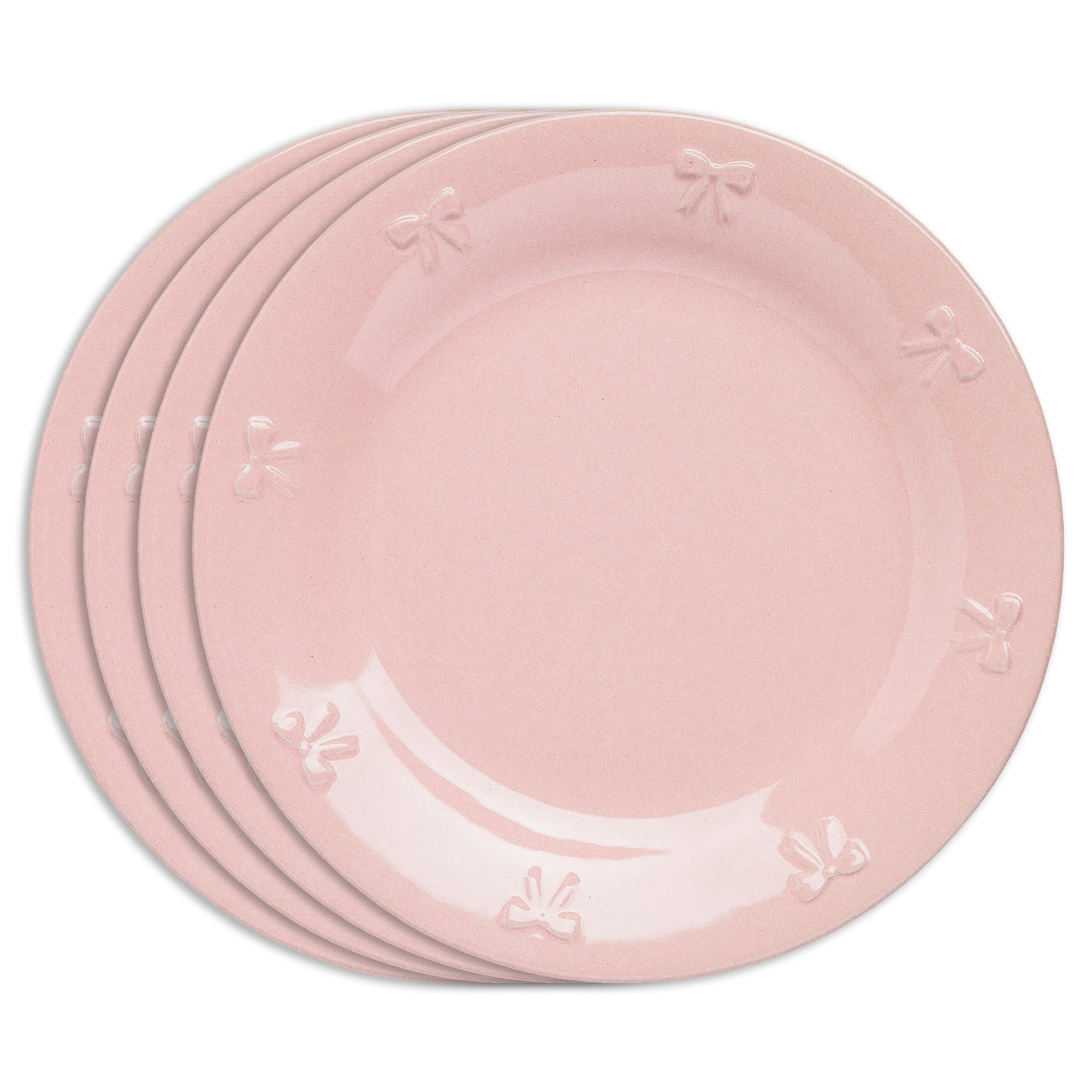 Paris Hilton London Collection Stoneware Salad Plates, Set of 4, Embossed Bow Detailing, 8.5-Inch, Pink