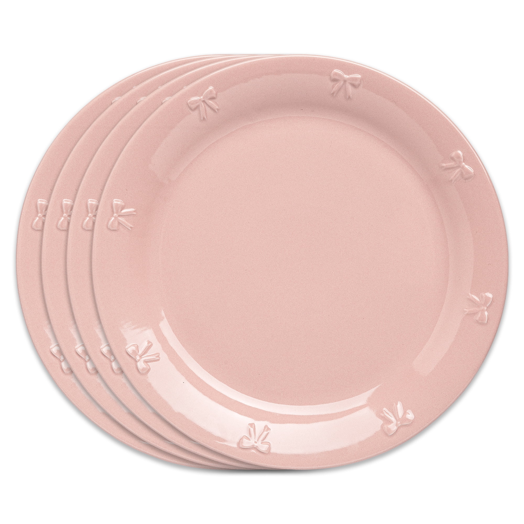Paris Hilton London Collection 10.5-Inch Stoneware Ceramic Dinner Plates, Set of 4, Microwave & Dishwasher Safe, Pink with Embossed Bow Detailing
