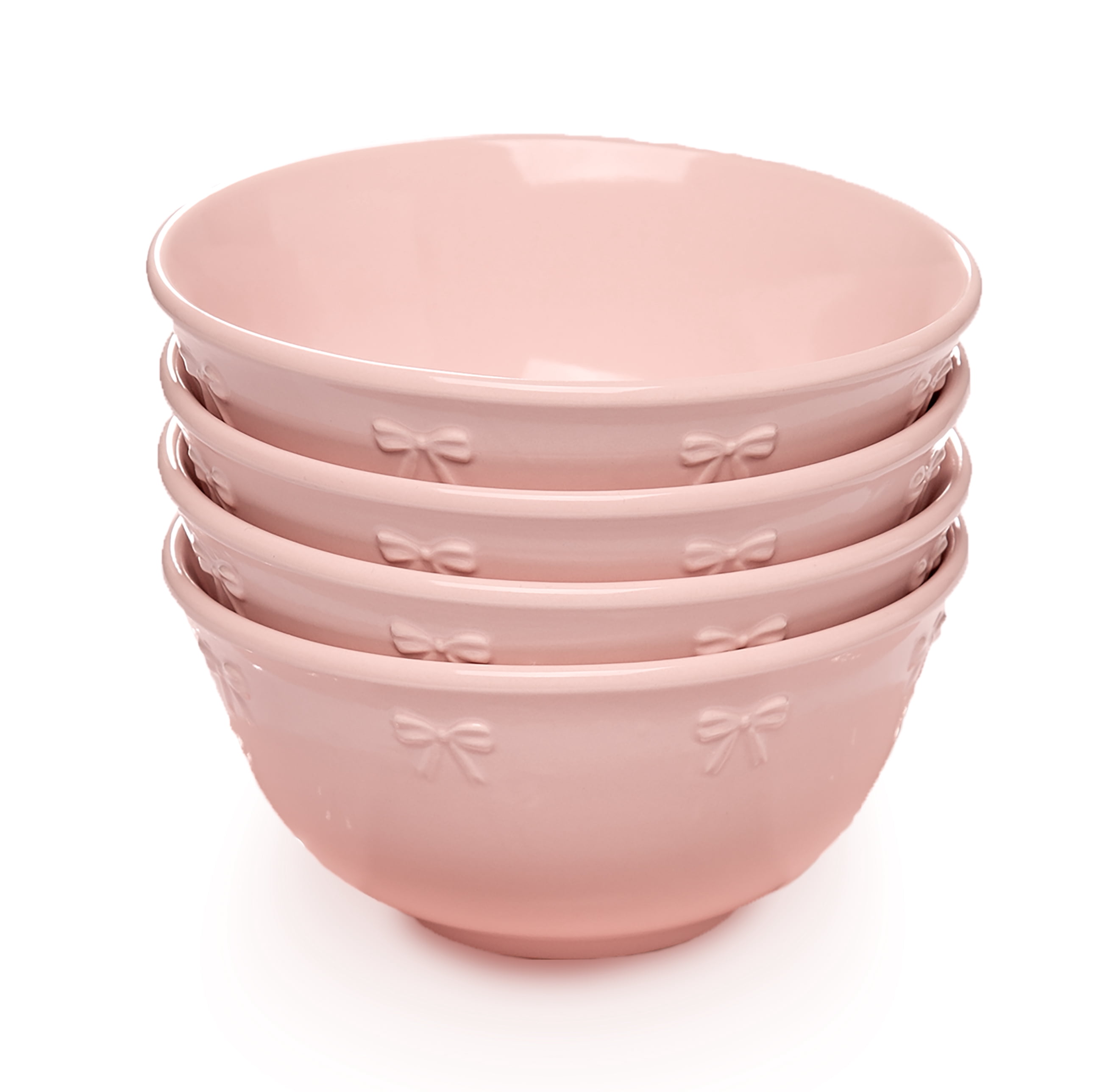 Paris Hilton London Collection 6.25-Inch Ceramic Soup Bowls, Cereal & Snack Bowls, Set of 4, Microwave Safe, Pink with Embossed Bow Detailing