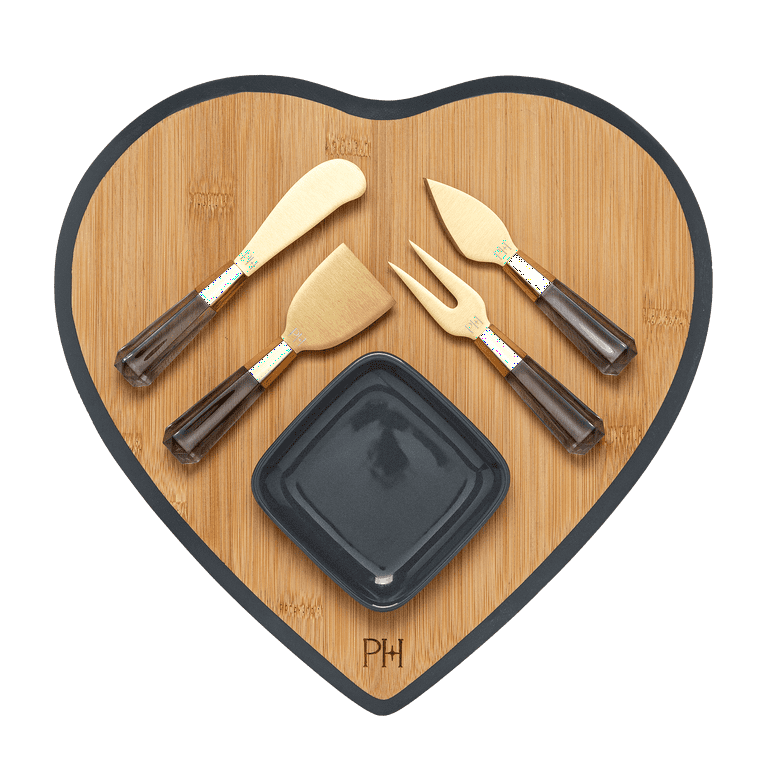 Paris Hilton 6-Piece Bamboo Heart Charcuterie Board and Serving Set,  Charcoal Gray