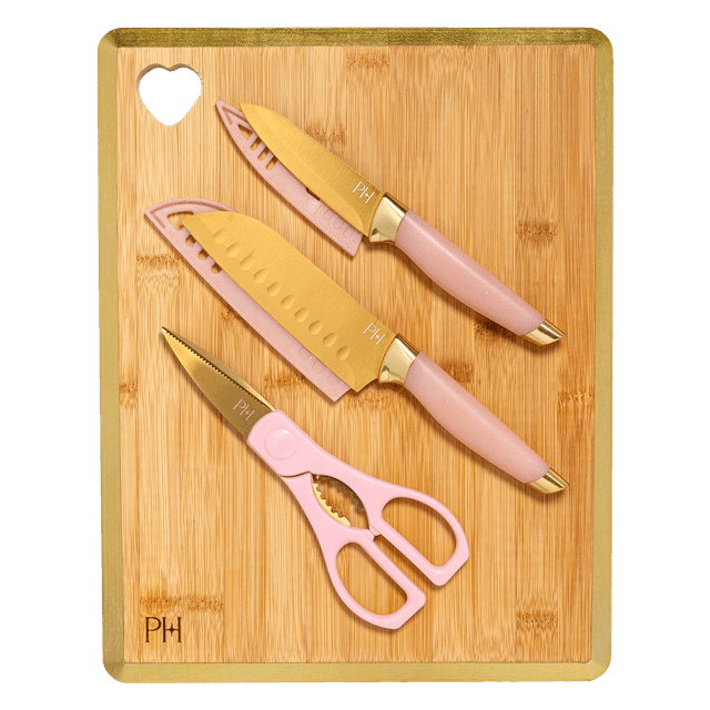 Paris Hilton 6Piece Stainless Steel Knife Cutlery Set with Bamboo Cutting Board, Pink