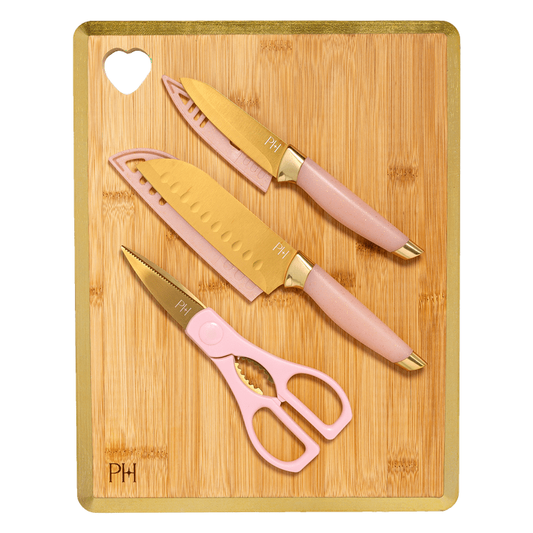 Paris Hilton 6-Piece Stainless Steel Cutlery Set with Bamboo Reversible Cutting Board, Pink