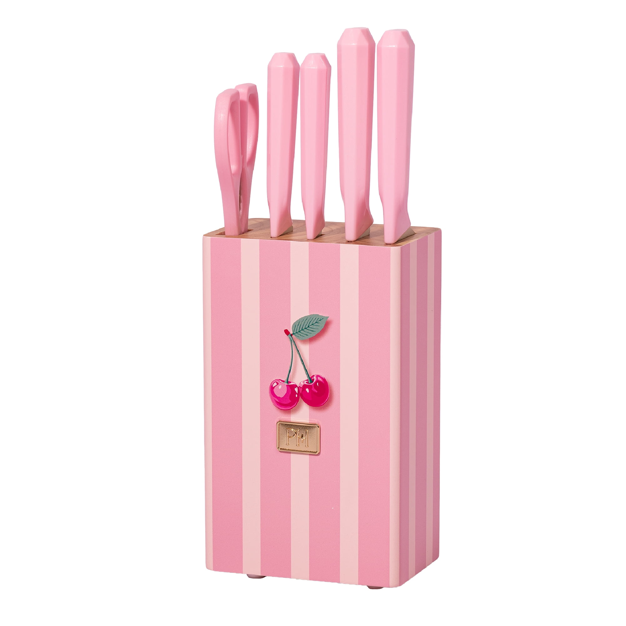 Paris Hilton 6-Piece Cutlery Block Set, Titanium-Coated Stainless Steel Blades, Cherry Print Block, Pink Faceted Handles