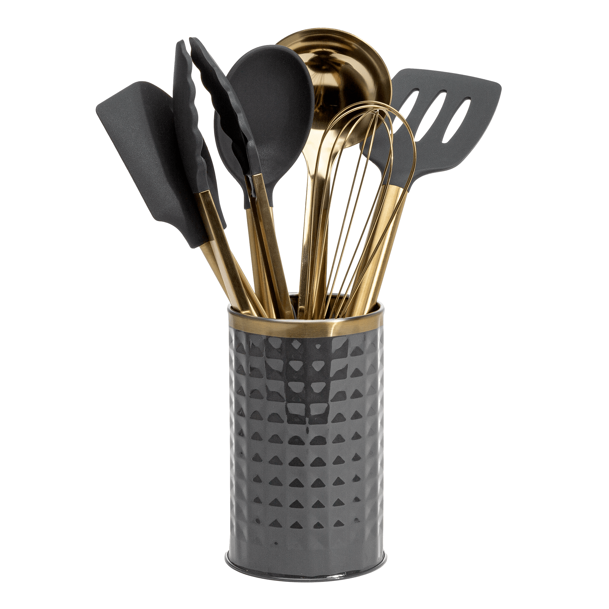 Paris Hilton Kitchen Set Tool Crock with Silicone Cooking Utensils Stainless Steel Whisk and Ladle 7-Piece Gold Charcoal Gray