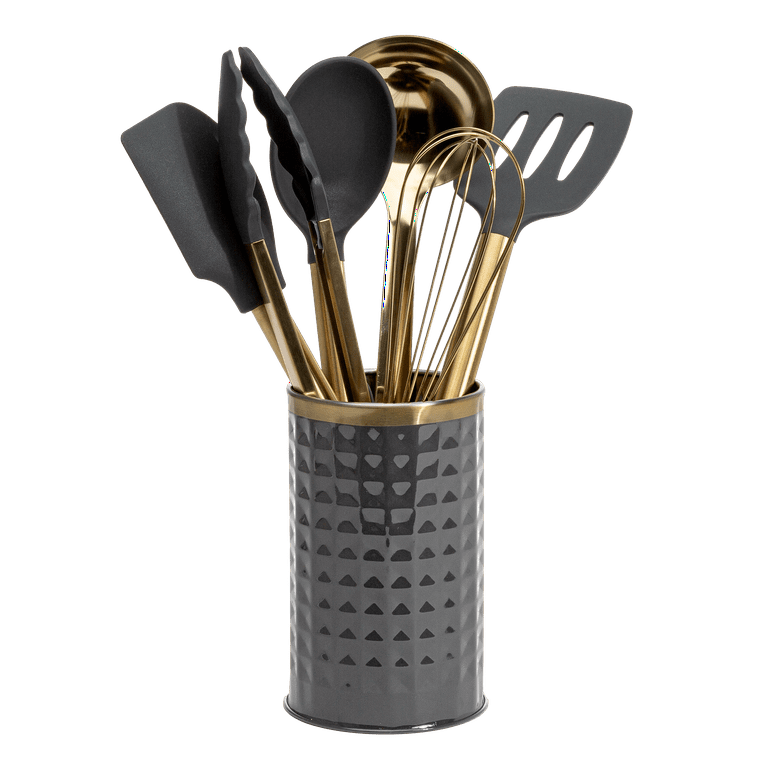  Gold and White 7-Piece Silicone Cooking Utensil Set With Holder  - Includes Whisk, Spatula, and Kitchen Accessories : Video Games